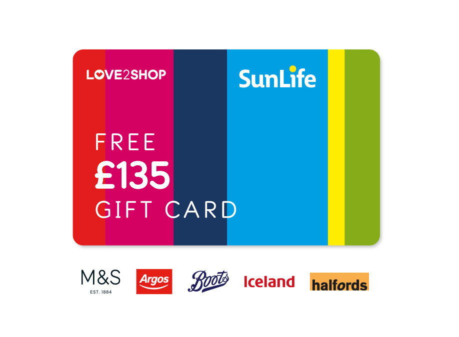 Free £135 gift card. M&S, Argos, Boots, Iceland and Halfords logos